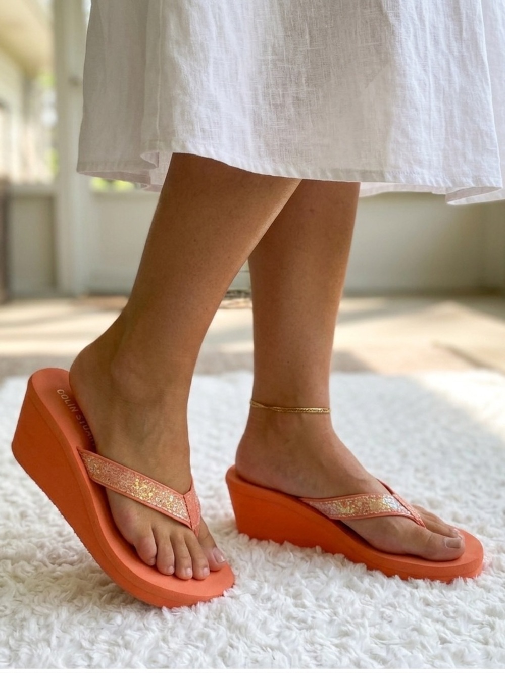COLIN STUART Orange Sparkle Thong Flip Flop Platform Wedge Sandals Shoes sz 5